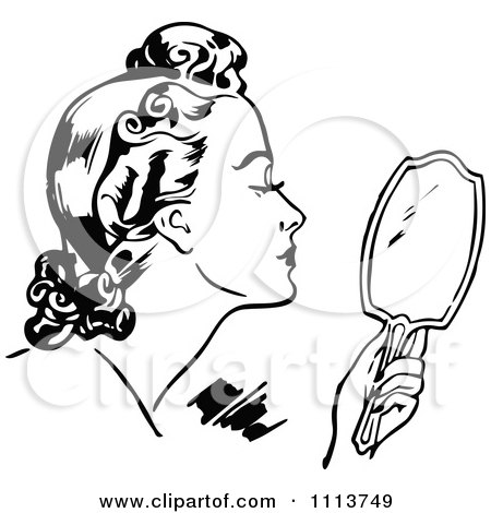 450x470 Clipart Retro Black And White Woman Looking At A Mirror At Her