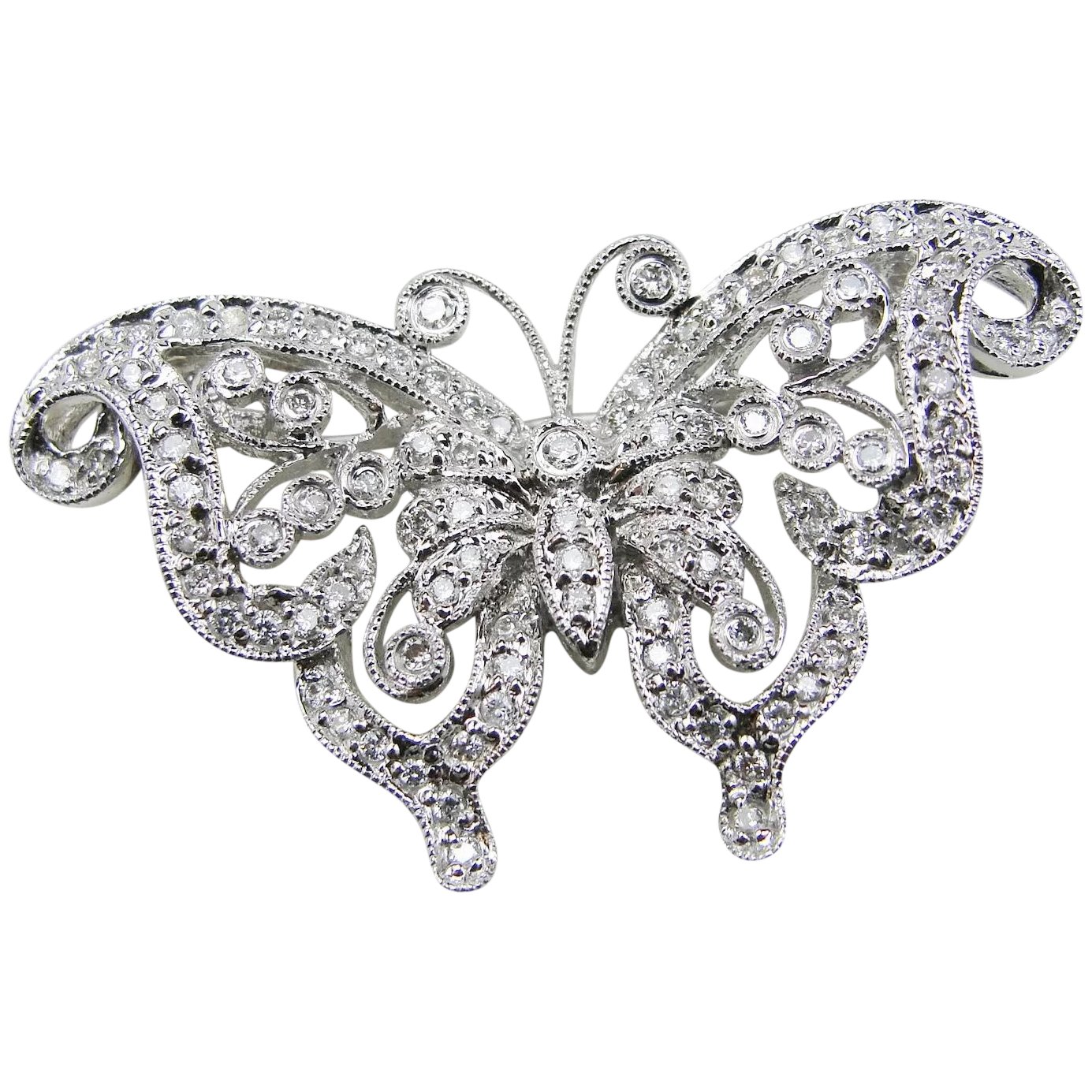 1385x1385 Vintage 14k White Gold Filigree Diamond Butterfly Pinrooch, 2ct