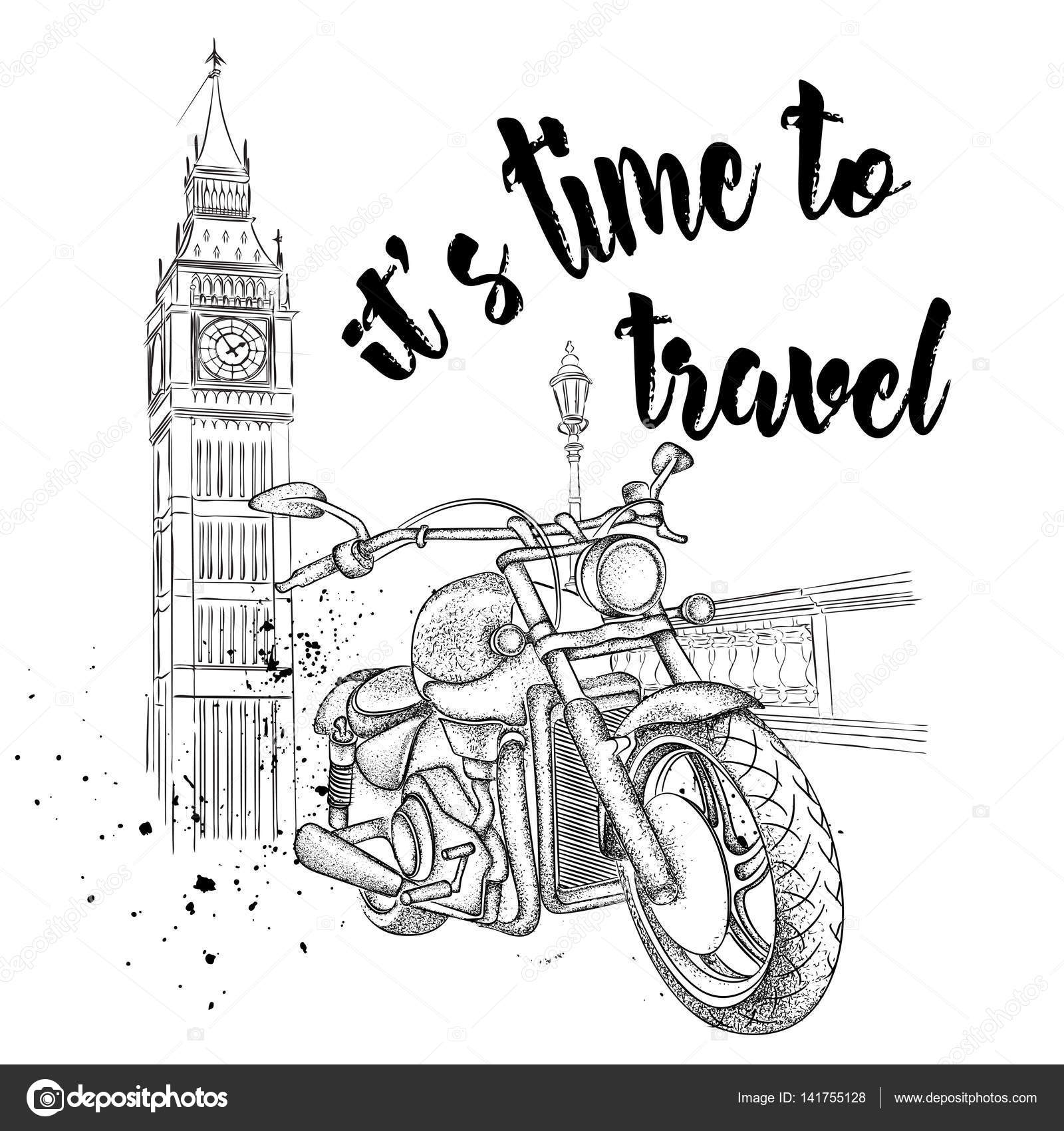 1600x1700 Hand Drawn Vintage Motorcycle On Background. London, Big Ben