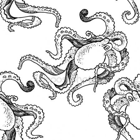 450x450 Sea Creature Octopus And Squid. Calamari Engraved Hand Drawn