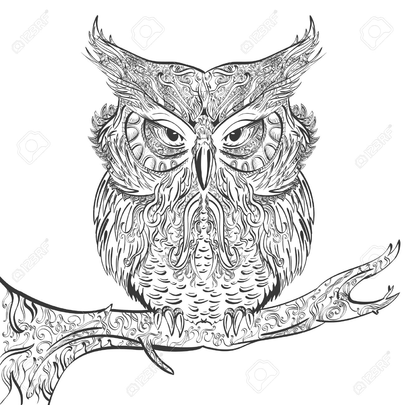1300x1300 Hand Drawn Owl Decorated With Vintage Ornament Black On A White