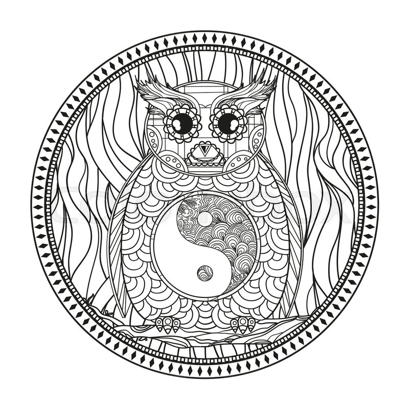 800x800 Owl. Circle Mandala. Yin And Yang. Detailed Hand Drawn Vintage Owl