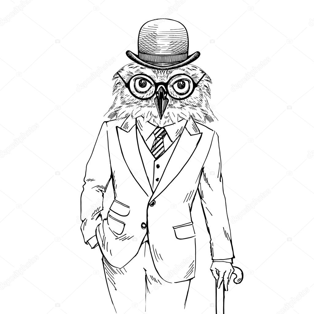 1024x1024 Owl Dressed Up In Vintage Tweed Suit Stock Vector Olga