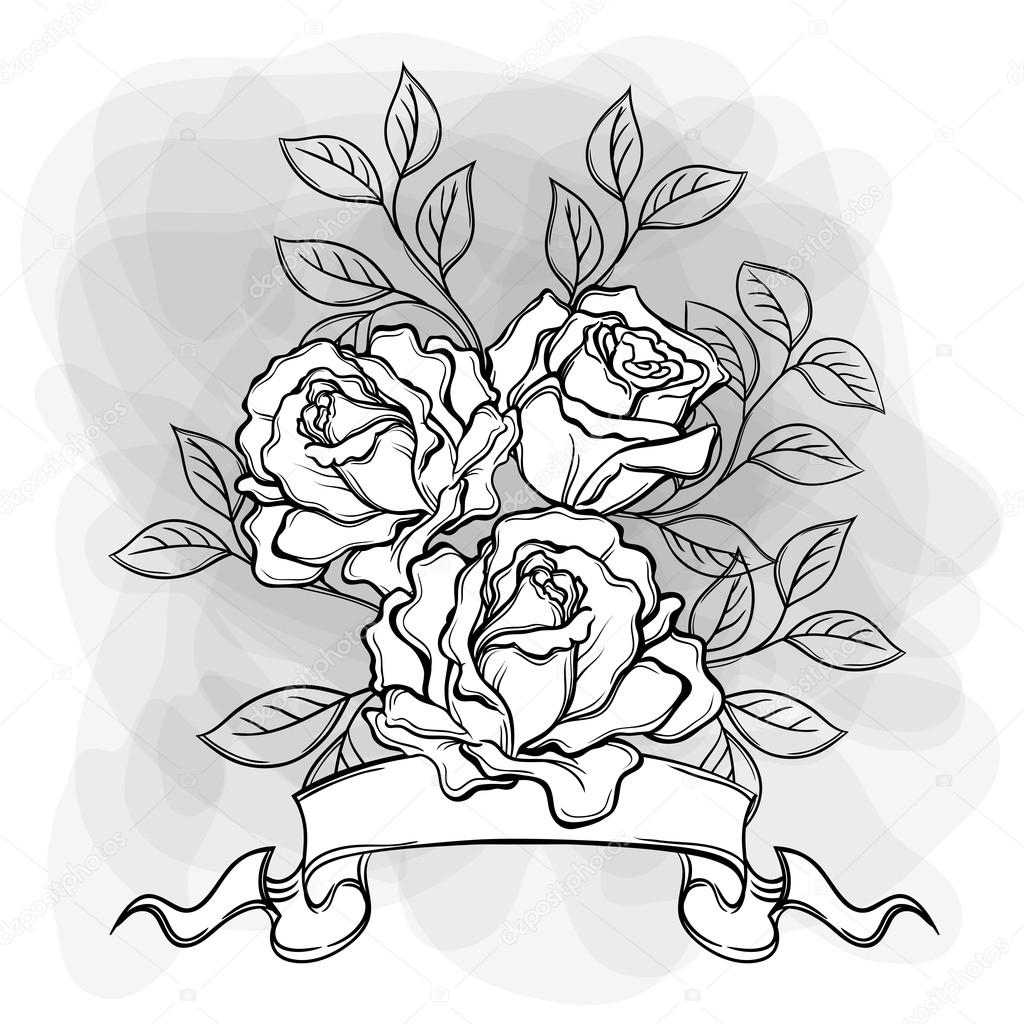 1024x1024 Hand Drawn Vintage Rose Flower. Decorative Bouquet Design Art