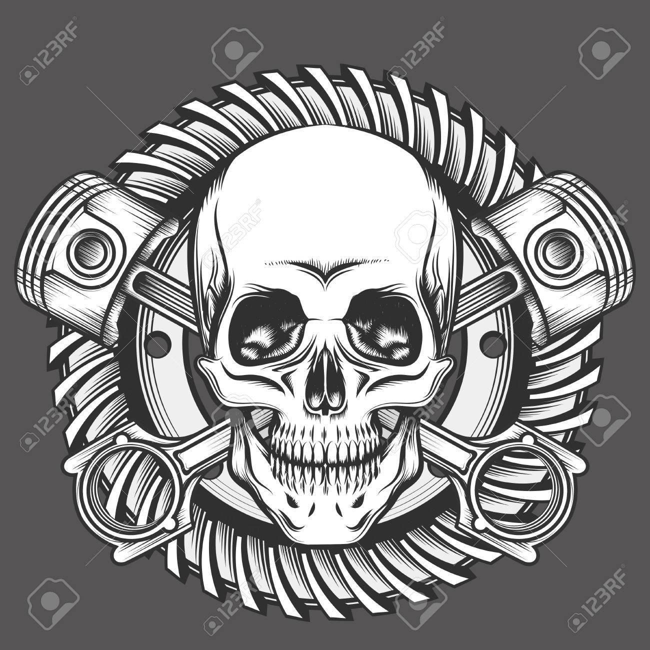 1300x1300 Vintage Skull With Crossed Piston And Motorcycle Gear Emblem