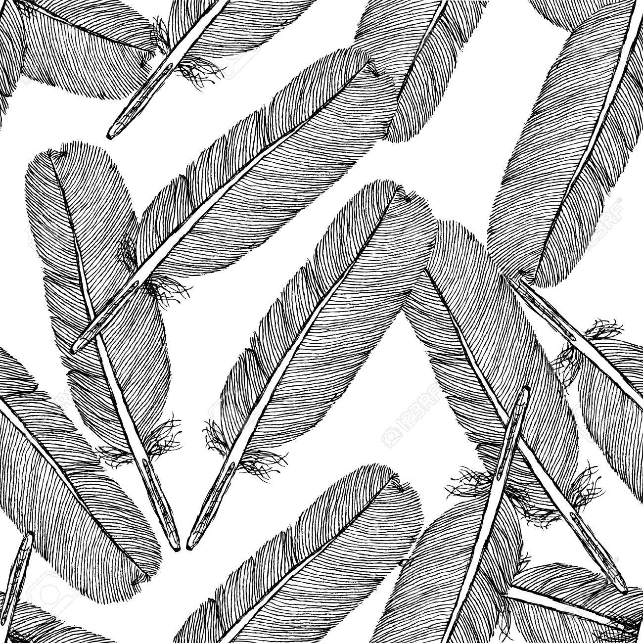 1300x1300 Sketch Feather, Vector Vintage Seamless Pattern Royalty Free