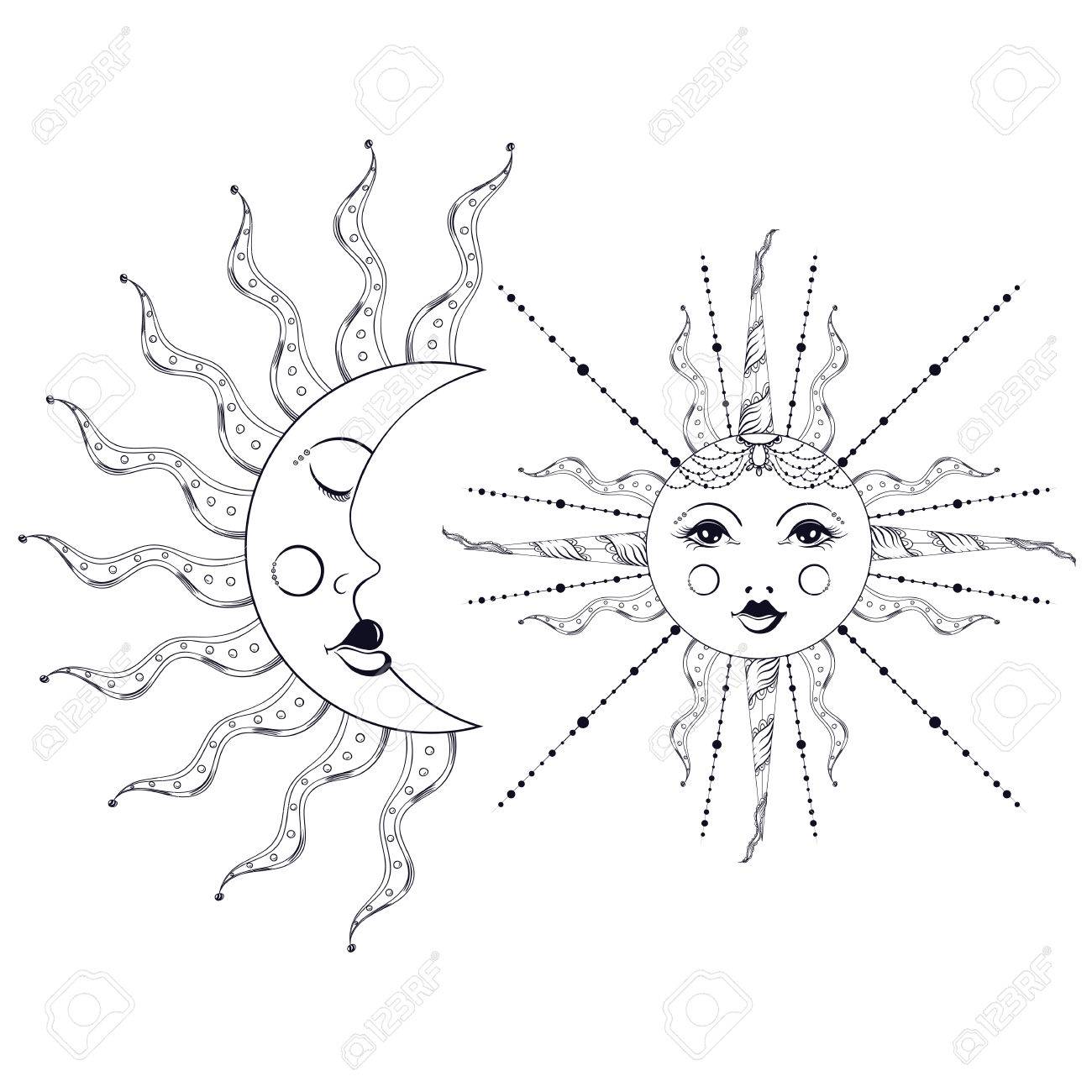 1300x1300 Boho Elegant Sun And Vintage Moon Tattoo, Zentangle Stylized