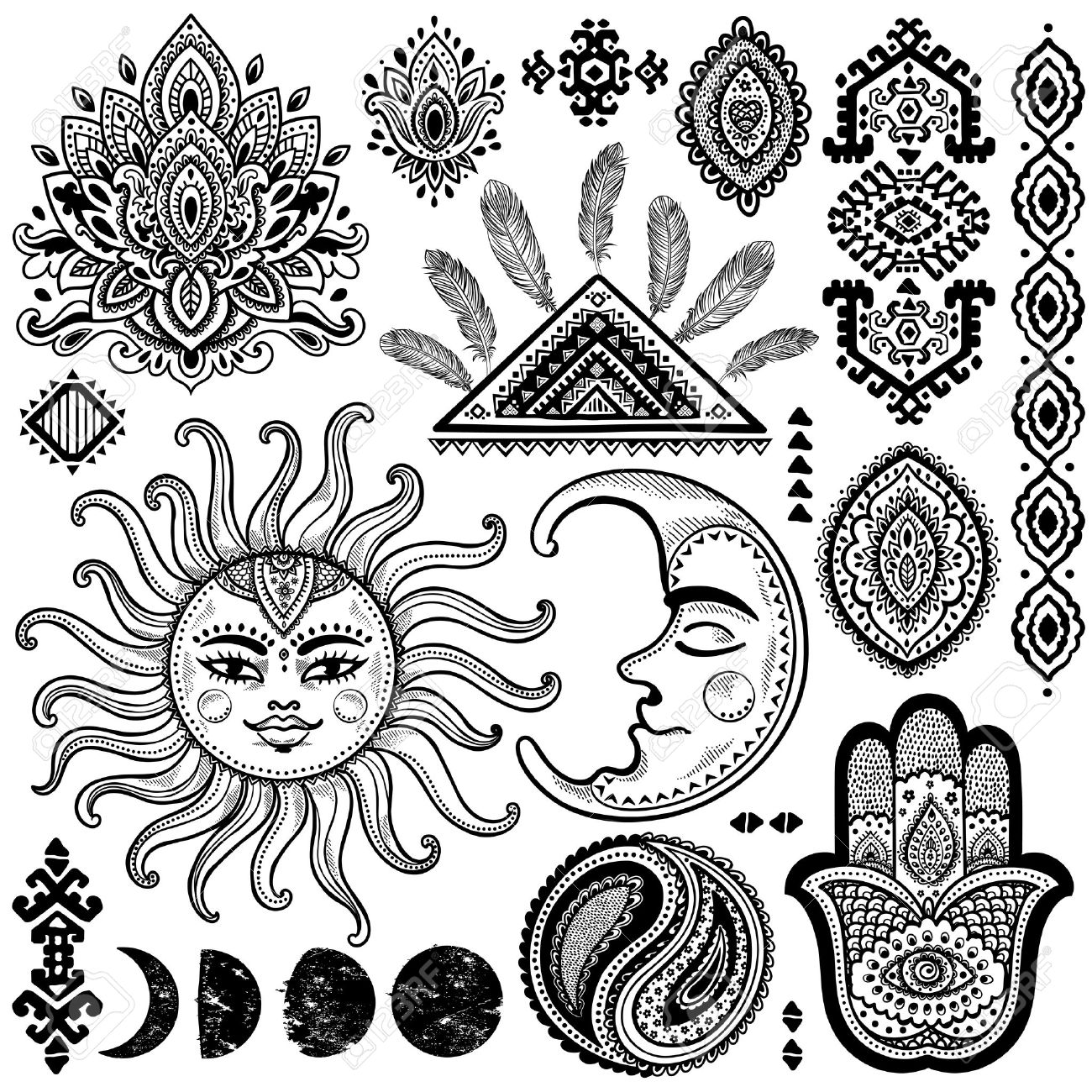 1300x1300 Sun, Moon And Ornaments Vintage Vector Isoalted Set Royalty Free