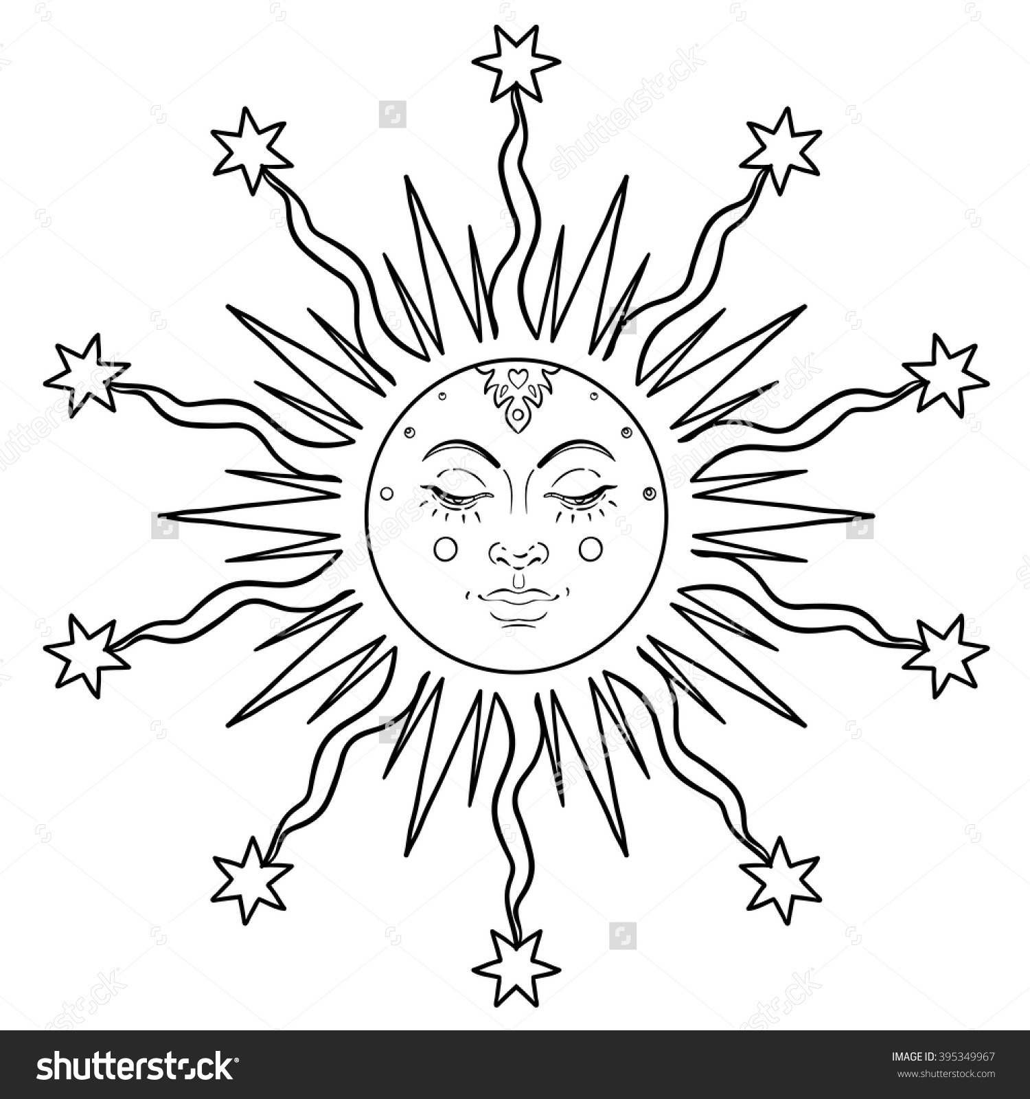 1500x1600 Sun Symbol As A Face Inside Ornate Mandala. Round Pattern. Vintage