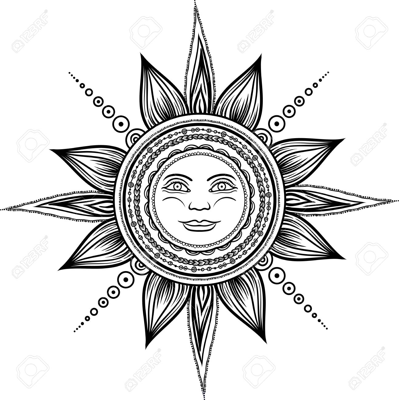 1298x1300 Vintage Hand Drawn Sun Eclipse. Mehendi Zentangle Boho Chic Line