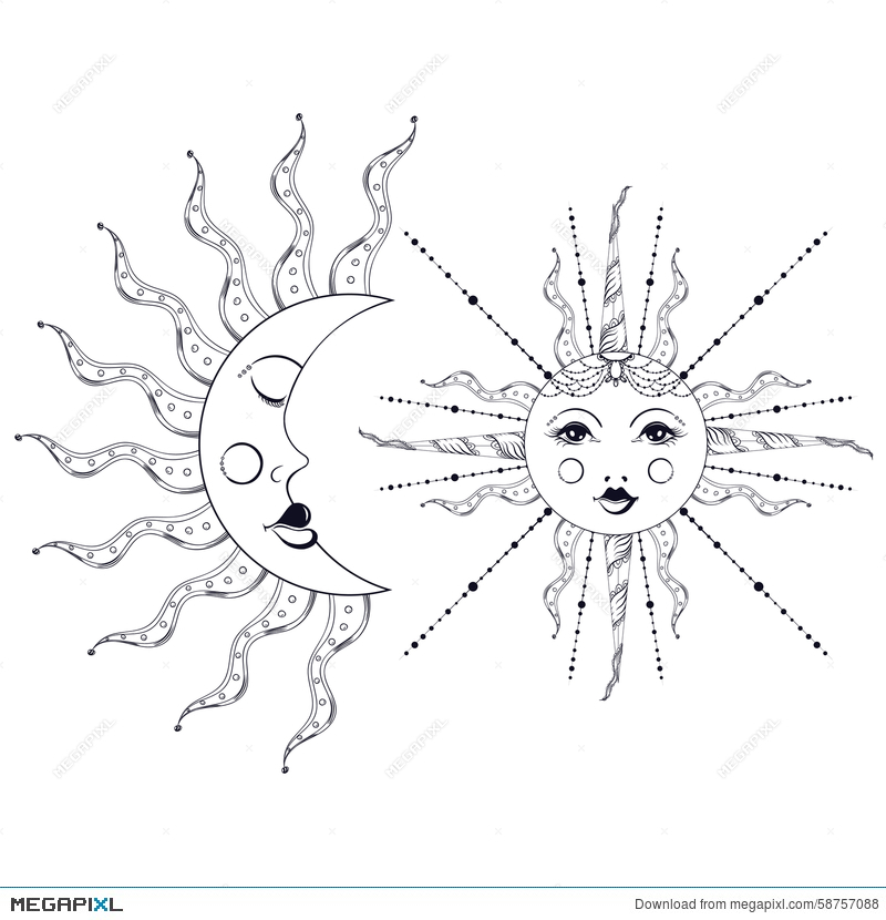 800x830 Boho Elegant Sun And Vintage Moon Tattoo, Zentangle Stylized. Bo