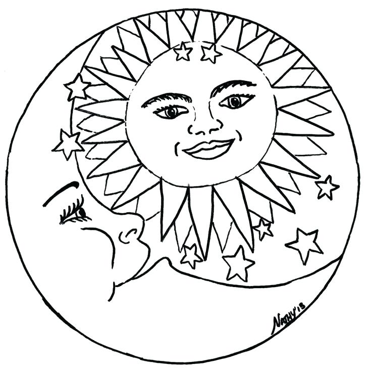 735x738 God Made Sun Moon Stars Coloring Page Hand Drawn Vintage Stock