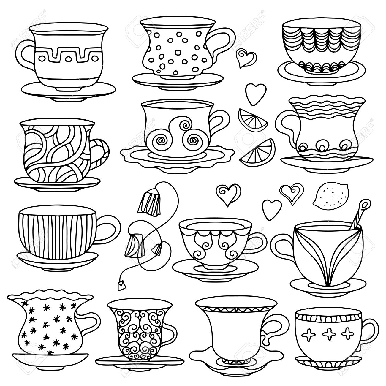 1300x1300 Set Vintage Icons Tea Cup, Lemons, Hearts, And Tea Bags