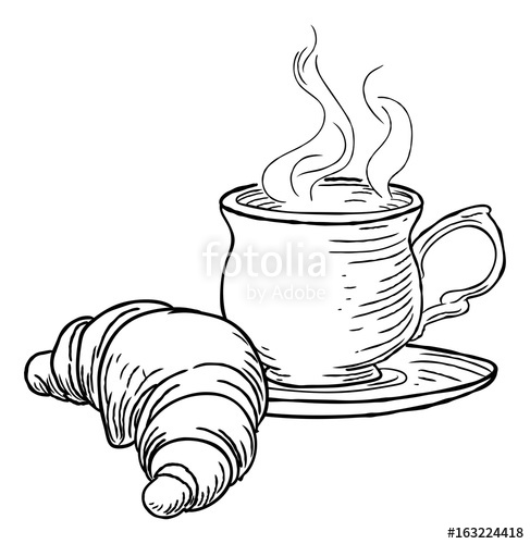 487x500 Cup Of Tea Croissant Vintage Retro Style Stock Image