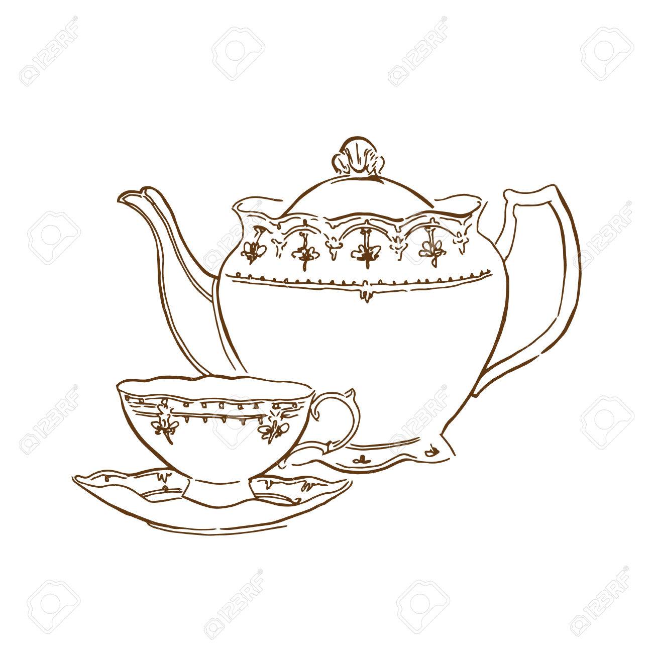 1300x1300 Hand Made Sketch Of Tea Sets. Vector Illustration Made In Vintage