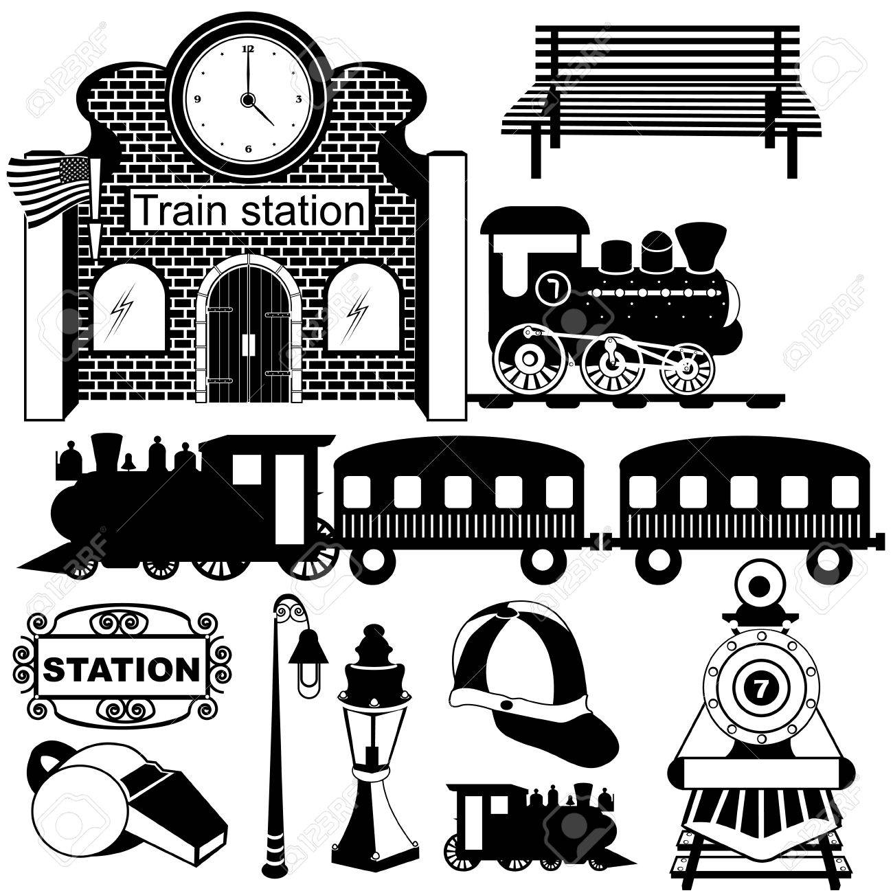 1300x1300 Vector Illustration Of Old Train Station Black Icons Royalty Free