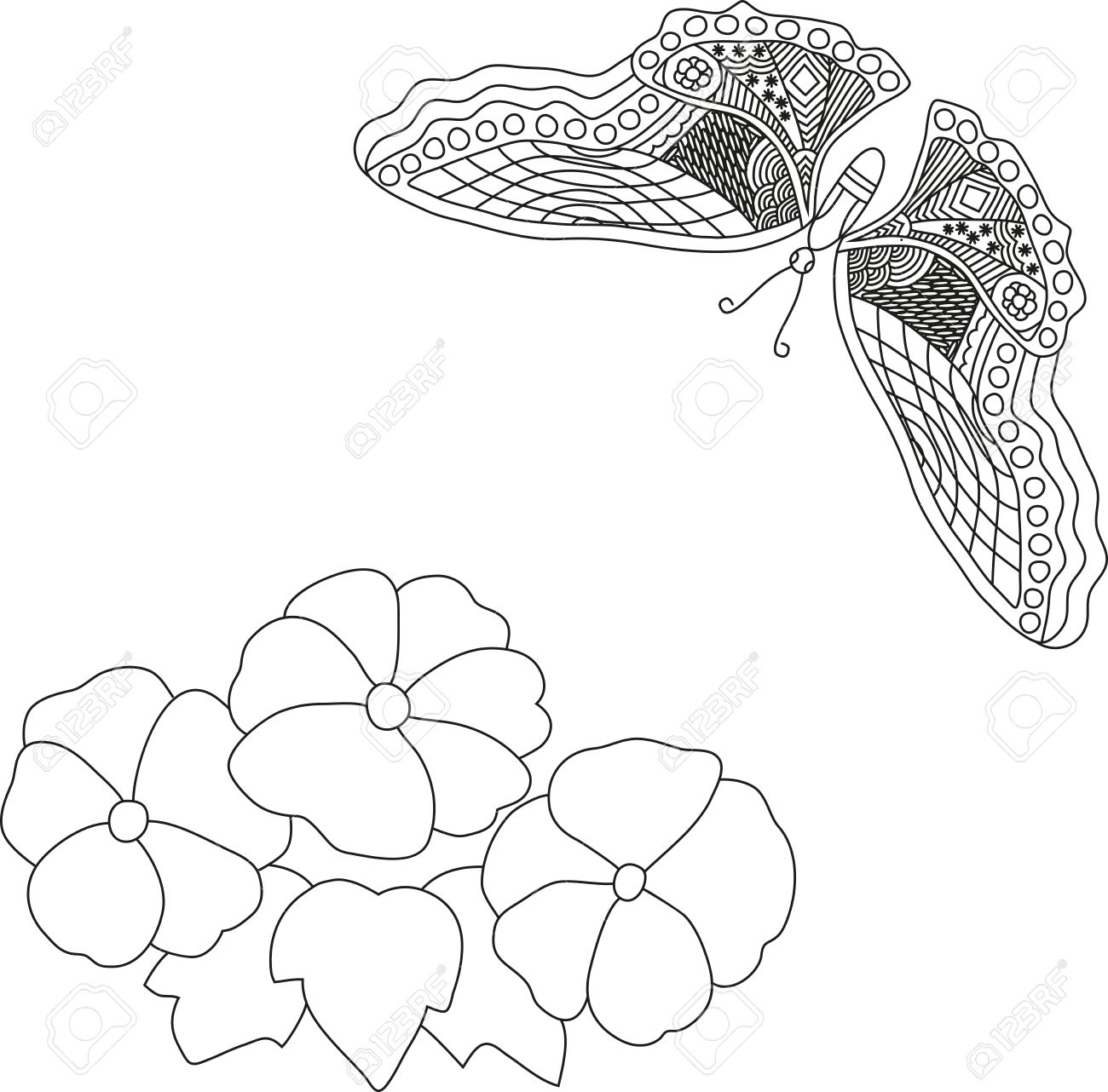 1300x1282 Manual Pencil Drawing Of A Flower Bush Violet And A Butterfly