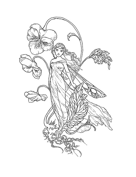 570x740 Pansies Fairy Ink Drawing Coloring Page Instant Download
