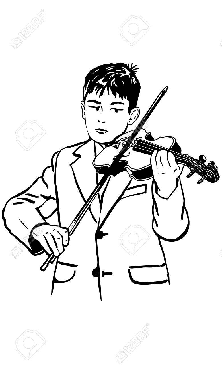 780x1300 Black And White Vector Sketch Boy Is Practicing The Violin Royalty