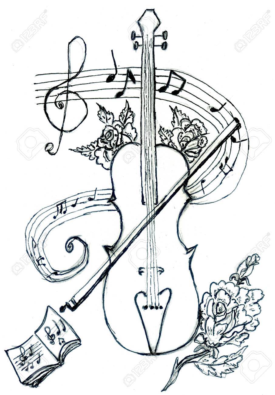 906x1300 Detailed Hand Drawn Sketch Of Violin And Musical Notes. Stock