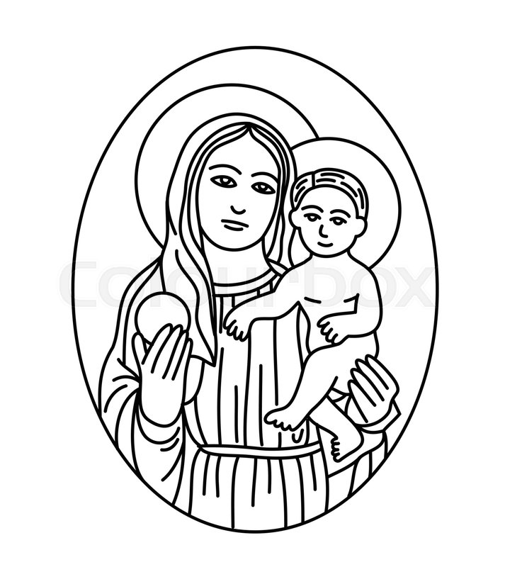 713x800 Virgin Mary With Baby Jesus Sketch Drawing, Art Line Vector Design