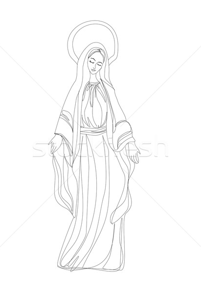 411x600 Blessed Virgin Mary In Black And White Contour Drawing Vector