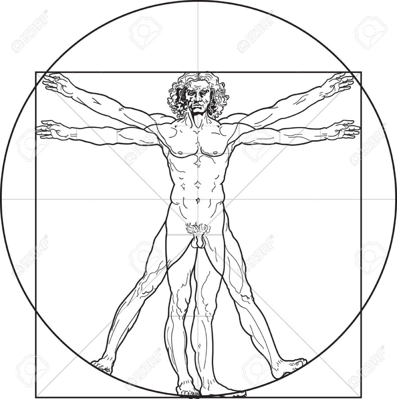 1293x1300 The Vitruvian Man, Or So Called Leonardo's Man. Detailed Drawing