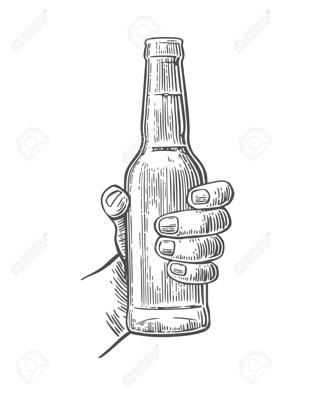 1038x1300 Male Hand Holding Open Bottle Beer. Black Vintage Engraving Vector