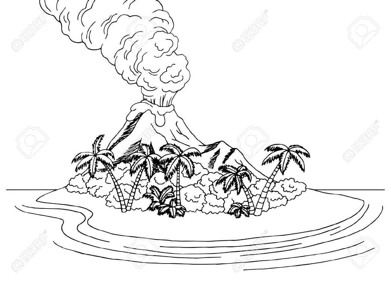 1300x975 Volcano Island Mountain Sea Graphic Art Black White Sketch