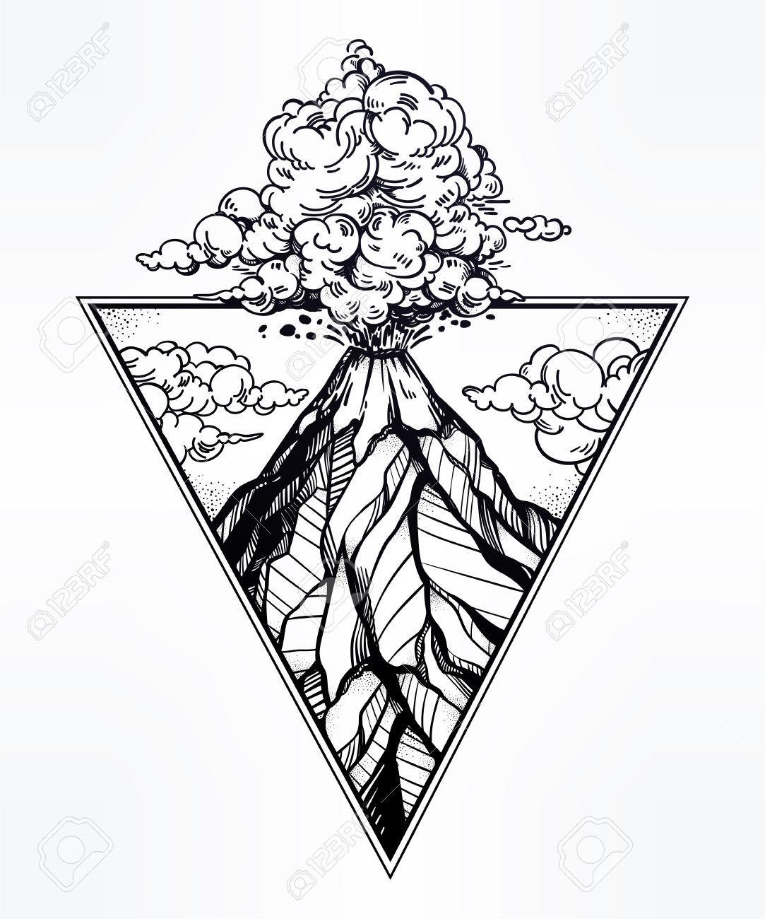 1083x1300 Hand Drawn Volcano In Triangle Frame Artwork. Royalty Free