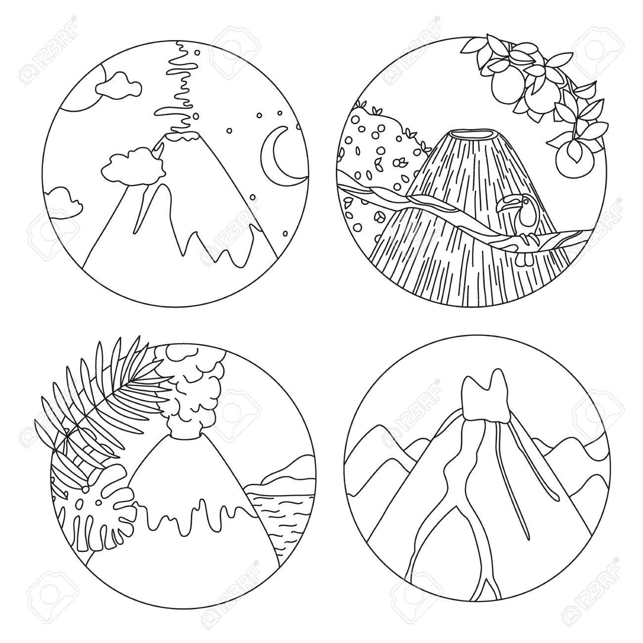 1300x1300 Coloring Book Page With Volcanoes And Tropical Plants, Adult