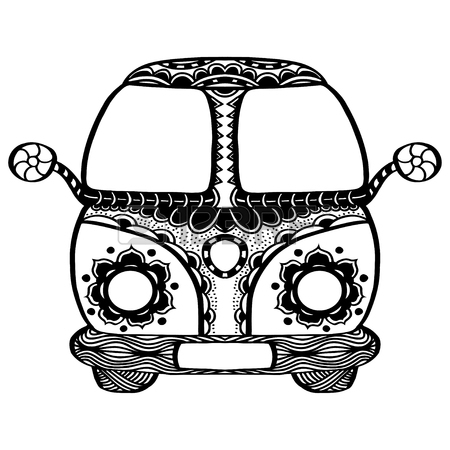 450x450 Vintage Car A Mini Van In Zentangle Style. Hand Drawn Image