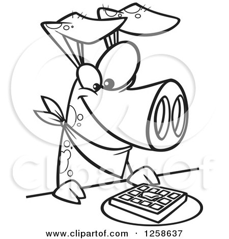 450x470 Clipart Of A Black And White Cartoon Pig Eating A Waffle