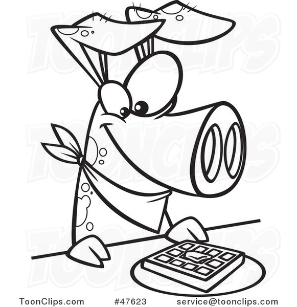 581x600 Black And White Cartoon Pig Eating A Waffle