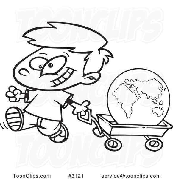 581x600 Cartoon Black And White Line Drawing Of A Happy Boy Pulling
