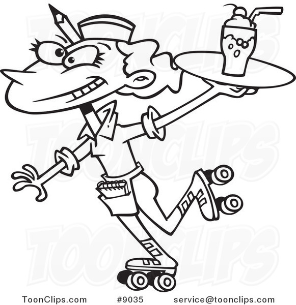 581x600 Cartoon Black And White Line Drawing Of A Car Hop Waitress