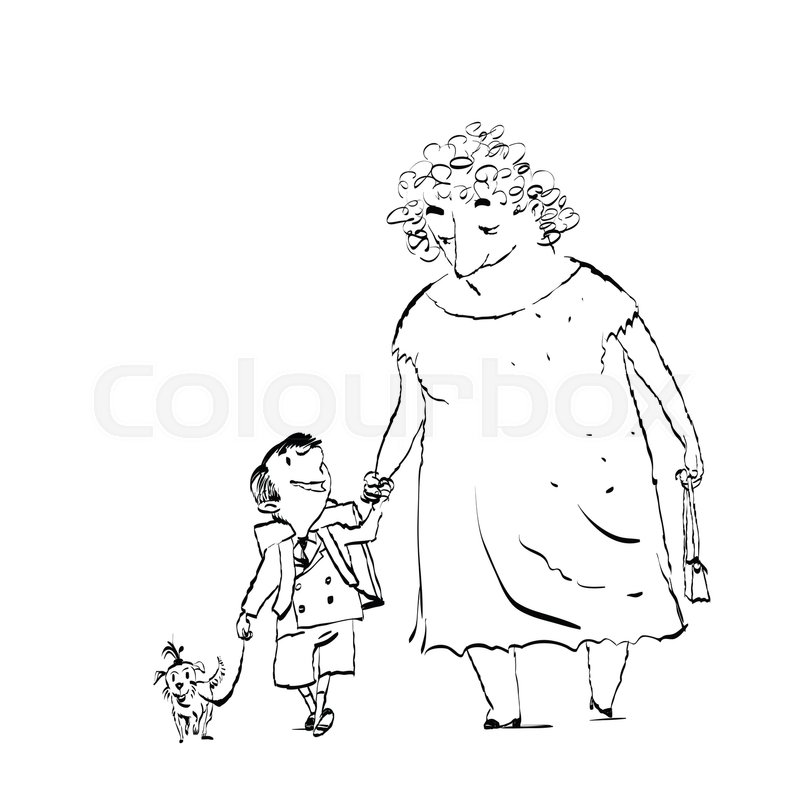 800x800 Grandma, Grandson And Dog On A Walk. Black And White Sketch
