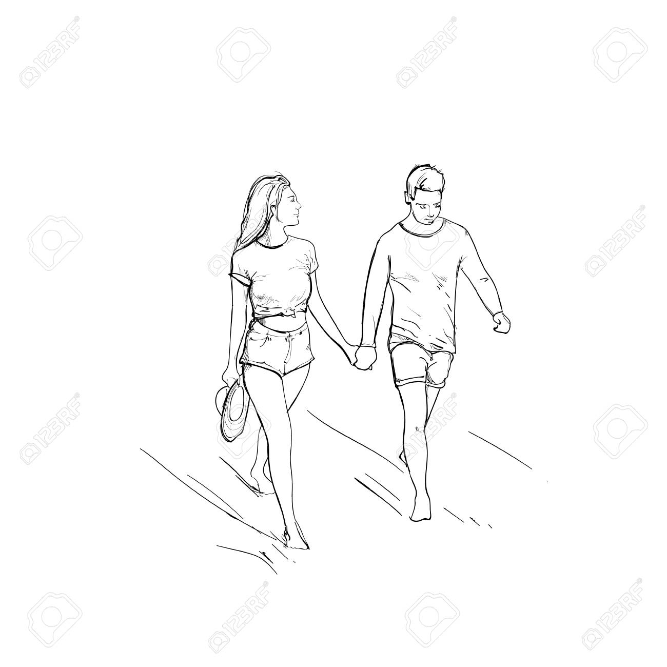 1300x1300 Romantic Couple Hold Hand Walking Man And Woman Sketch Vector