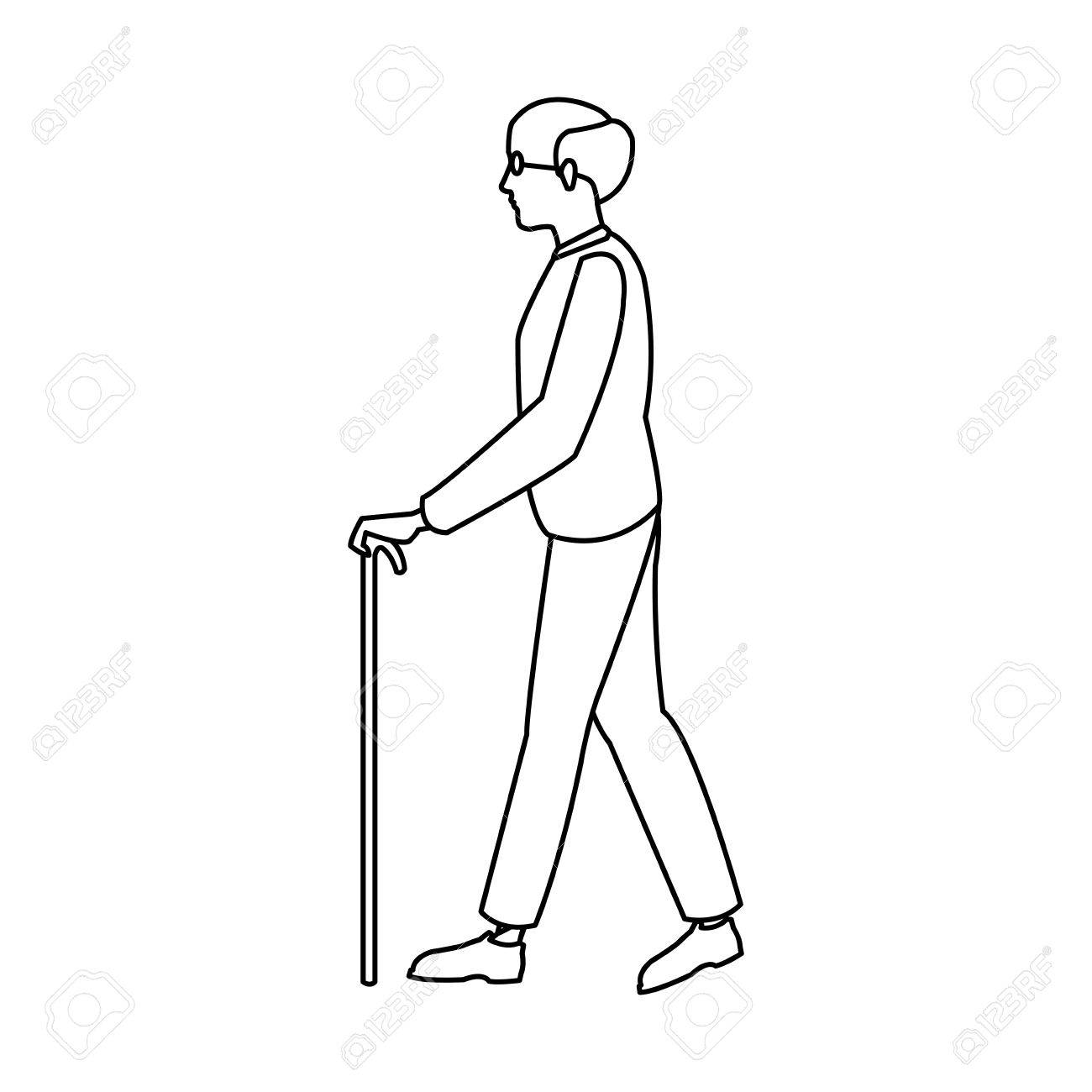 1300x1300 Bald Man Elderly Walking With Cane Stick Outline Vector