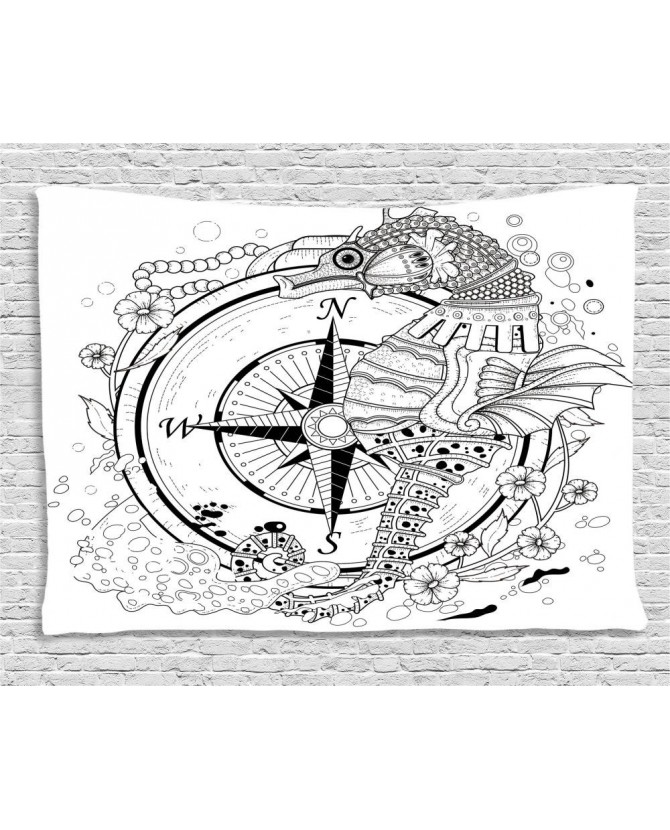 670x830 Drawn Wide Tapestry Seahorse Compass Printed Wall Hanging