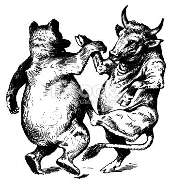 353x380 Antique Engraving Of A Dancing Bull And Bear, Isolated On White .