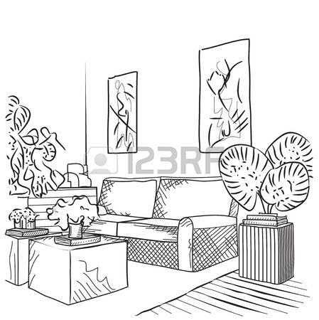 449x450 Interior Outline Sketch Architectural Design Living Room Stock