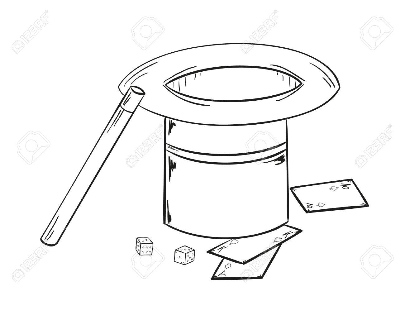 1300x1011 Sketch Of The Magic Hat, Wand, Cubes And Cards Royalty Free