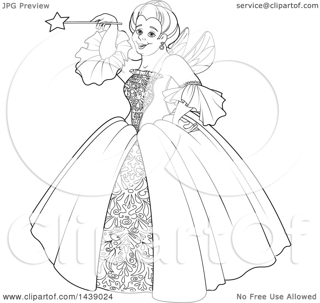 1080x1024 Clipart Of A Black And White Lineart Fairy Godmother Holding Up
