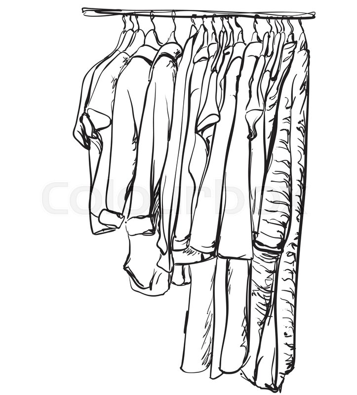 723x800 Hand Drawn Wardrobe Sketch. Clothes On The Hanger Stock Vector