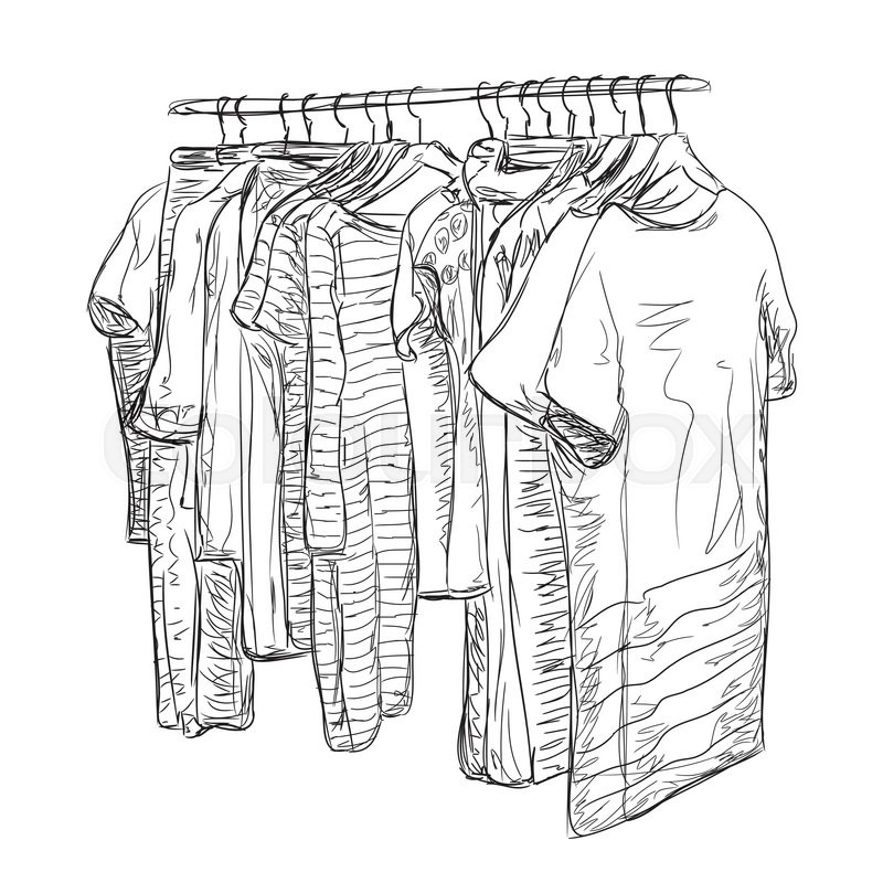 800x800 Wardrobe Sketch. Hand Drawn Clothes Shop. Dress And Clothes