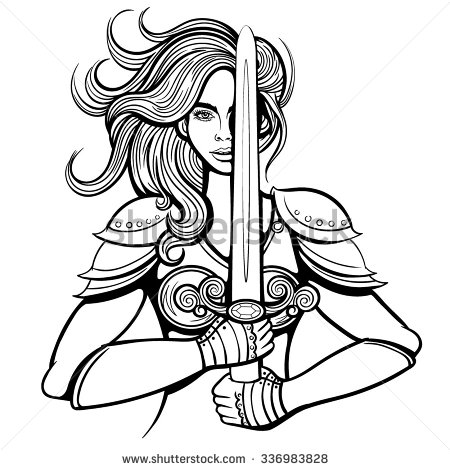 450x470 Vector Black And White Warrior Woman Illustration