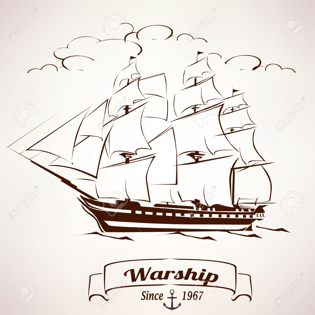 1300x1300 Sailer, Vintage Wooden Ship Vector Sketch Royalty Free Cliparts