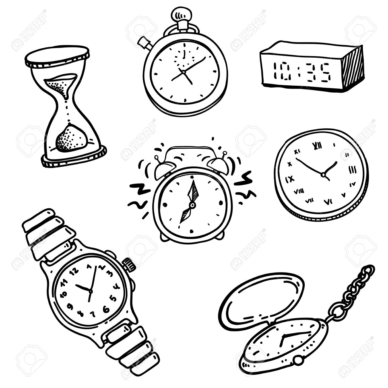 1300x1300 Hand Drawn Set Of Doodle Clocks And Watches Royalty Free Cliparts
