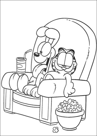 343x480 Garfield And Oddie Are Watching Tv While Eating Pop Corn Coloring